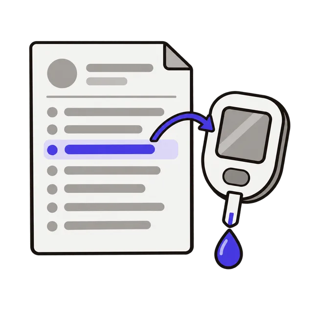 A lab report showing an A1C percentage next to a glucose meter showing an average blood sugar reading