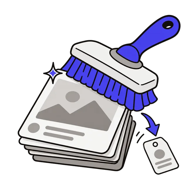 A stack of photos passing through a cleaning brush, the corner sparkle and the hidden data tag removed on the way out