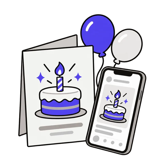 A birthday greeting card with a cake and candle on the front, a phone showing the same card and two small balloons