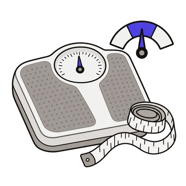 Bathroom scale with a measuring tape and a gauge pointing to the middle of the healthy range