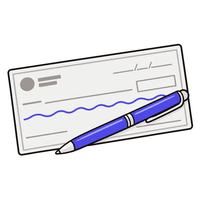 Paper check with the amount line filled in and a pen lying across it