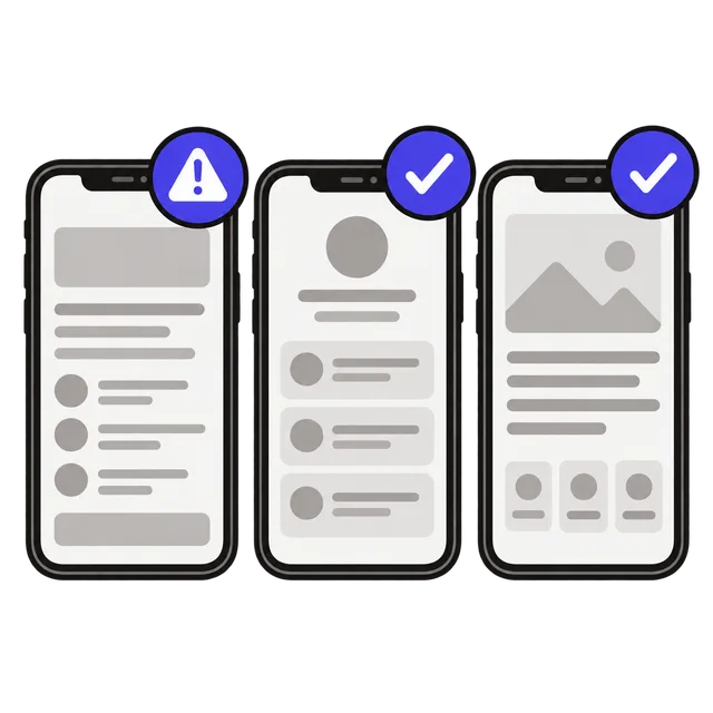 Three iPhones showing version labels, one with a warning badge and two with check marks