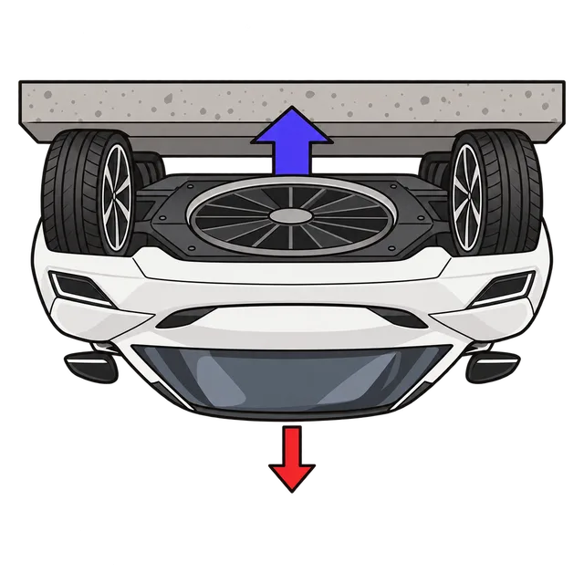A sports car driving upside down on a tunnel ceiling, with arrows showing gravity pulling down and fan suction holding it up