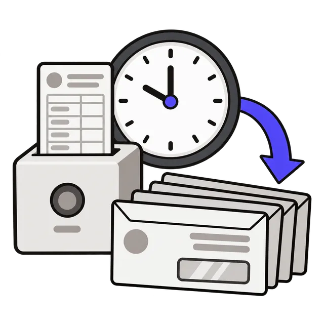 A time card and a clock beside a stack of pay envelopes, showing hours turning into a yearly salary
