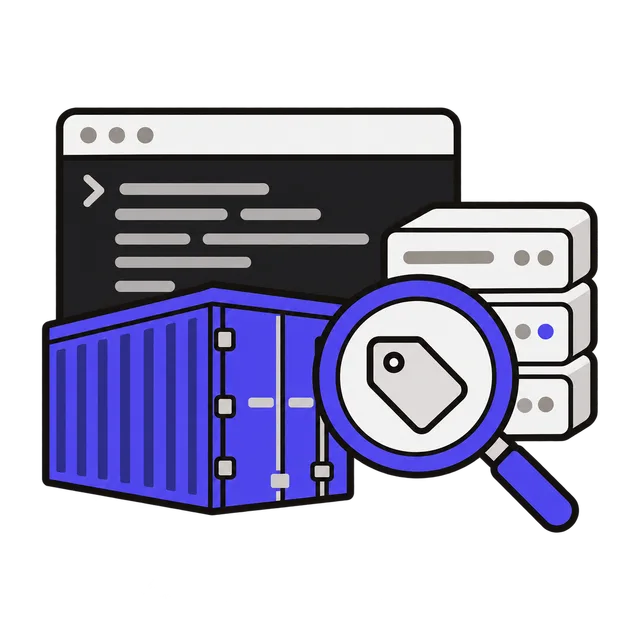 A terminal window, a container and a server, with a magnifying glass checking a version tag