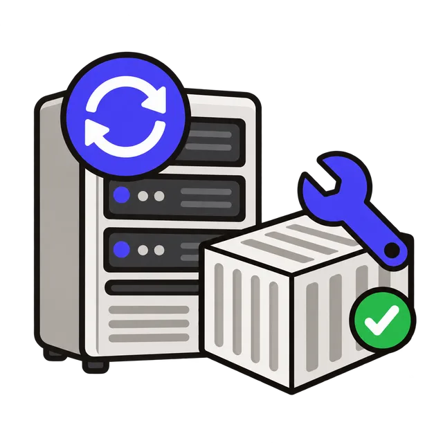 A server with an update arrow and a container image being rebuilt with a wrench