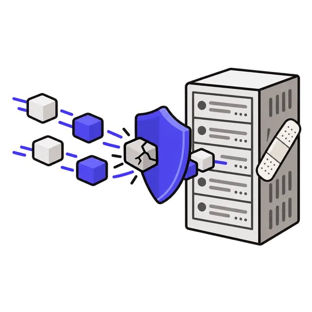 Compressed data blocks flowing into a server, with a shield stopping one cracked block and a patch on the rack