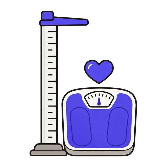A height measuring stick next to a bathroom scale, linking height to a healthy body weight