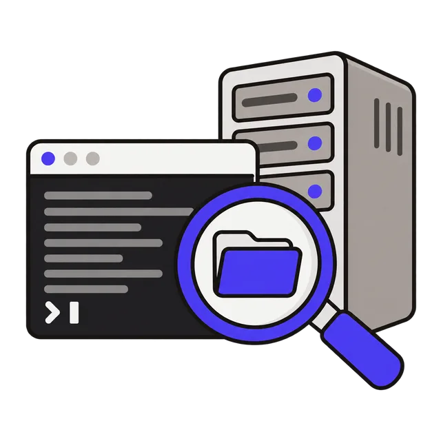 A terminal window and a server, with a magnifying glass over a folder icon
