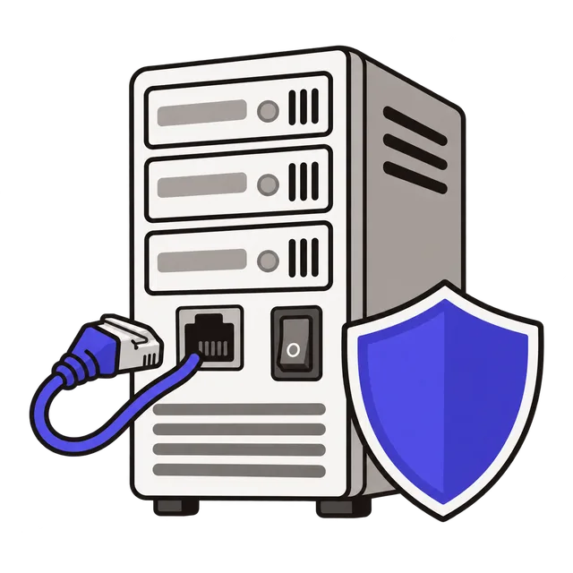 A server with a power plug pulled out of a network port and a shield beside it