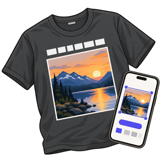 A charcoal T-shirt with a square sunset photo and a line of text above it, next to a phone showing the same photo