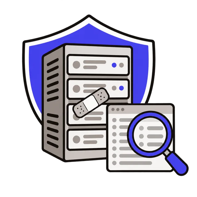 A server rack with a PHP elephant badge behind a shield, a patch being applied and a magnifying glass checking a log file