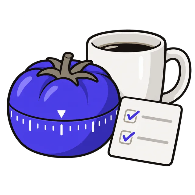 Un minuteur de cuisine rond en forme de tomate à côté d'une liste avec deux éléments cochés et d'une tasse de café