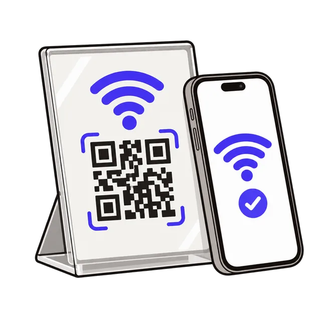 Kệ để bàn có thẻ mã QR Wi-Fi và chiếc điện thoại đã kết nối vào mạng