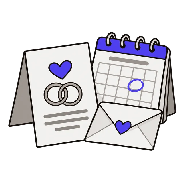 A save the date card with two linked rings and a heart, beside a calendar page with one day circled and an envelope