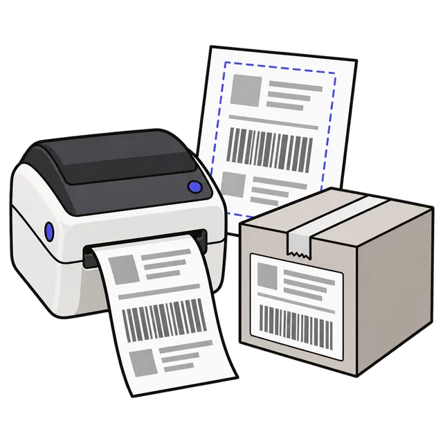 Thermal label printer printing a 4 by 6 shipping label next to a letter page and a parcel