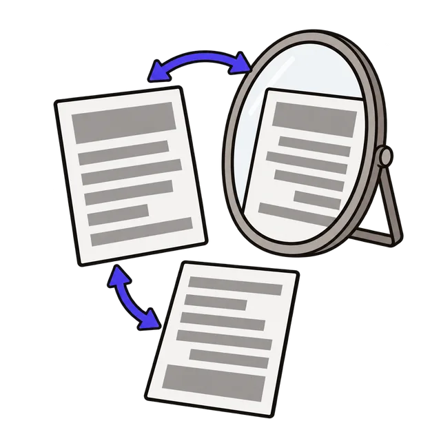 A text card reflected in a mirror, linked by curved arrows to a second card shown upside down