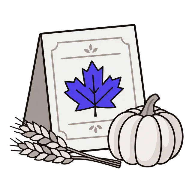 A greeting card with a maple leaf on the front, beside a small pumpkin and a sprig of wheat