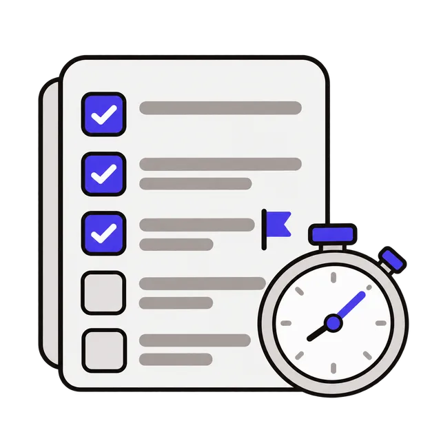 A checklist card with some items ticked, a small flag for high priority and a stopwatch